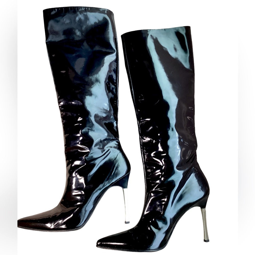 GUCCI Vintage Black Patent Leather Spike Heel Boots. (MC)